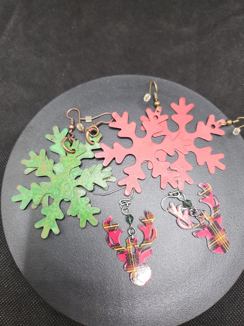 Festive Pink, Green Snowflake & Plaid Reindeer Earring Set - Women Accessories